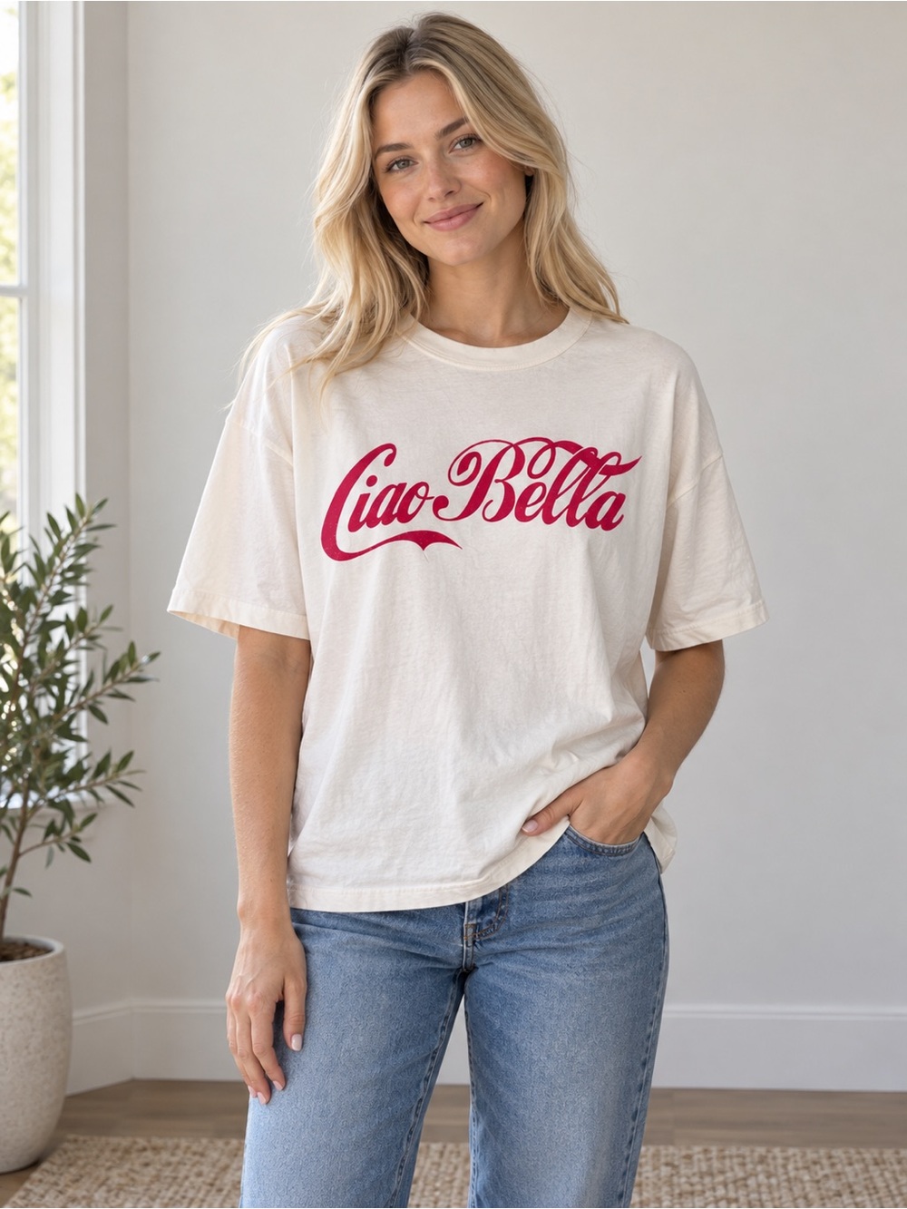 Ciao Bella Graphic Tee - Cream with Red Script Oversized Fit